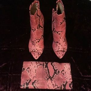 Steve Madden - Conflict pink snake skin open toe booty. With matching clutch bag